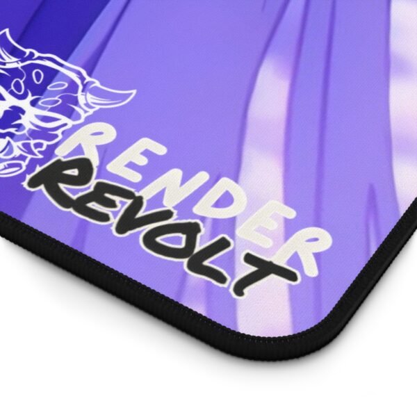 A close-up of a purple-themed gaming mouse pad with an anime character's intense gaze. His face is partially covered by an ornate mask with intricate patterns, and his eyes glow with an eerie blue hue. The edges of the mouse pad are stitched in black, with the words "Render Revolt" displayed in a bold, stylized font.