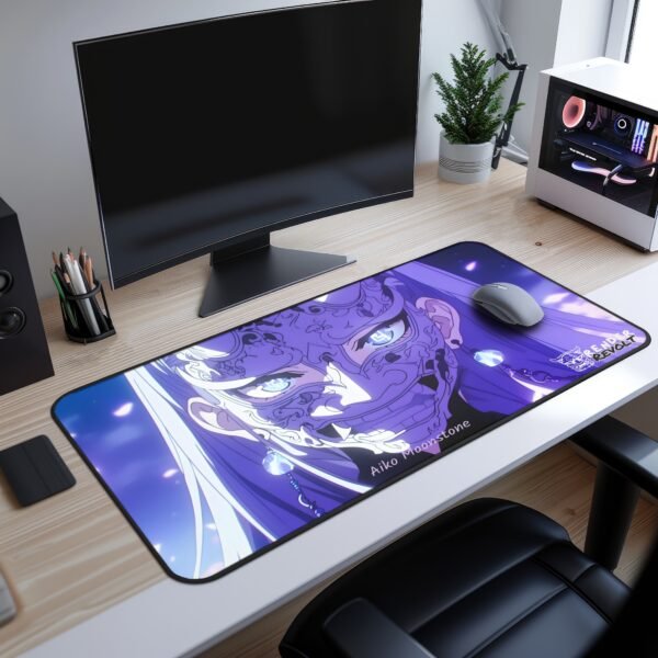Aiko White Hannya Mask Desk Mat featuring a striking anime character with deep purple hair, glowing blue eyes, and intricate tribal markings across his face. He wears an ominous, highly detailed mask that partially covers his features, giving him a supernatural presence.