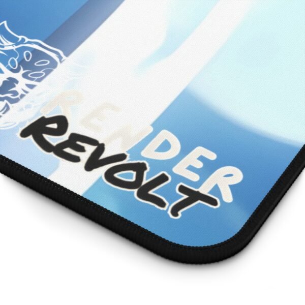 high-quality gaming mouse pad featuring an anime-style illustration of a white-haired female warrior with glowing blue eyes and curved black horns. She wears a flowing white outfit and holds an ornate sword with golden engravings, set against a celestial blue background.