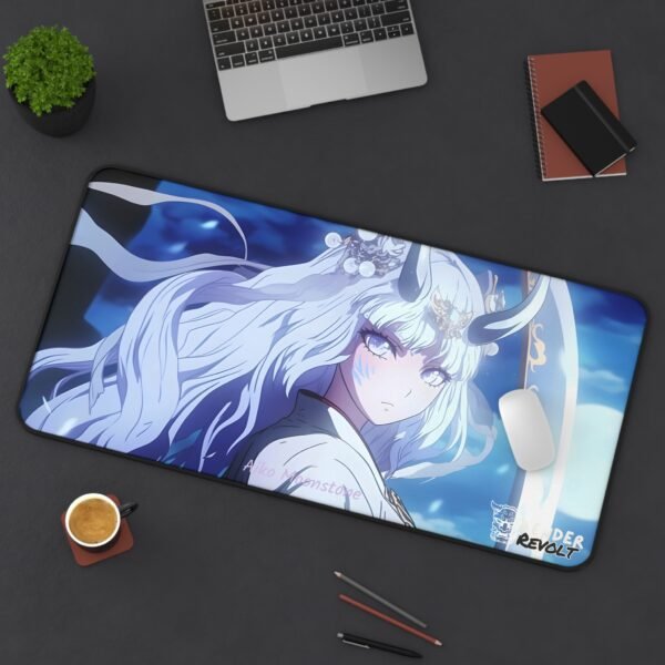 close-up of a blue-toned gaming mouse pad featuring an anime character with long silver hair, piercing blue eyes, and curved horns. The fabric texture and stitched black edges are visible, with the "Render Revolt" logo prominently printed in the corner.