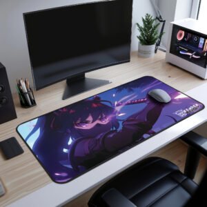 A gaming setup with Akira Shadow Mist Desk Mat on a white desk. The pad showcases an illustration of a masked female warrior with glowing purple eyes, wielding a katana. A curved monitor, a gaming PC, and various office supplies are neatly arranged on the desk.