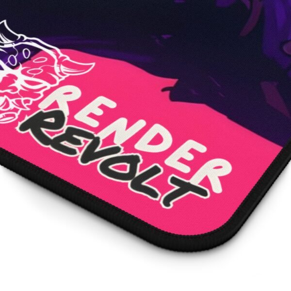 A different version of the anime-themed desk mat, featuring a darker, more intense design with the warrior holding a katana and wearing armor with metallic spikes. The background has a purple-to-pink gradient, and the Render Revolt logo appears in the corner.