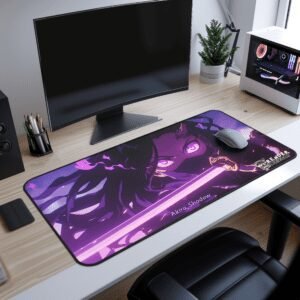 Akira Shadow Katana Desk Mat -A close-up of the "Render Revolt" logo printed on the desk mat, featuring bold white and black lettering with a stylized oni mask illustration. The design has a slight glow effect, contrasting with the dark background.