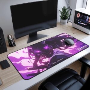 Akira Shadow Mask Desk Mat - A close-up of an anime-themed gaming mouse pad showing "Akira Shadow" wielding a katana, with a dark and menacing expression.