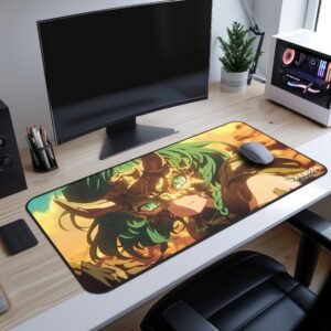 Aya Stone Mask Desk Mat - The desk setup includes a laptop, notebook, and coffee cup, enhancing the workspace aesthetic. The branding "Render Revolt" and the artist’s signature, "Aya Terra," are printed in the bottom corner.
