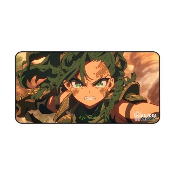 A large anime-themed mouse pad spread across a dark workspace. The illustration features a battle-ready female character with green hair and tribal war paint, lunging forward with an intense expression. The background is filled with dust and warm sunlight, emphasizing a rugged battlefield aesthetic.