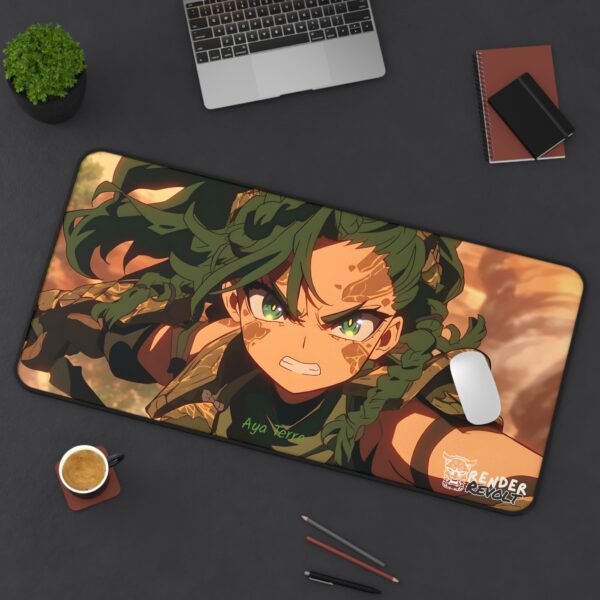 A high-quality gaming desk mat displaying a warrior woman with long green hair, wearing an intricately detailed horned helmet made of cracked stone. Her piercing green eyes shine beneath the rugged mask, and the warm golden sunset highlights her battle-worn appearance.
