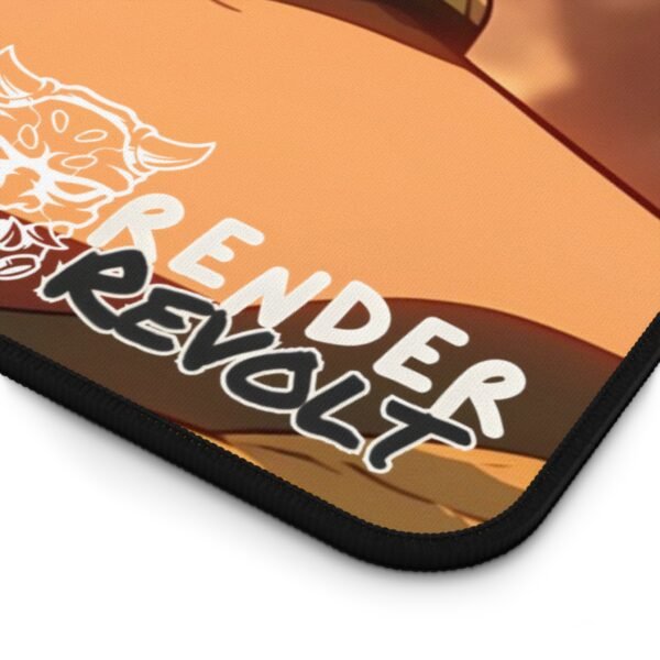The mouse pad is placed on a modern desk setup, with "Render Revolt" branding in the corner.