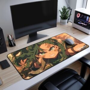 Aya Unmask Desk Mat - A high-quality gaming desk mat displaying a warrior woman with long green hair, wearing an intricately detailed horned helmet made of cracked stone.