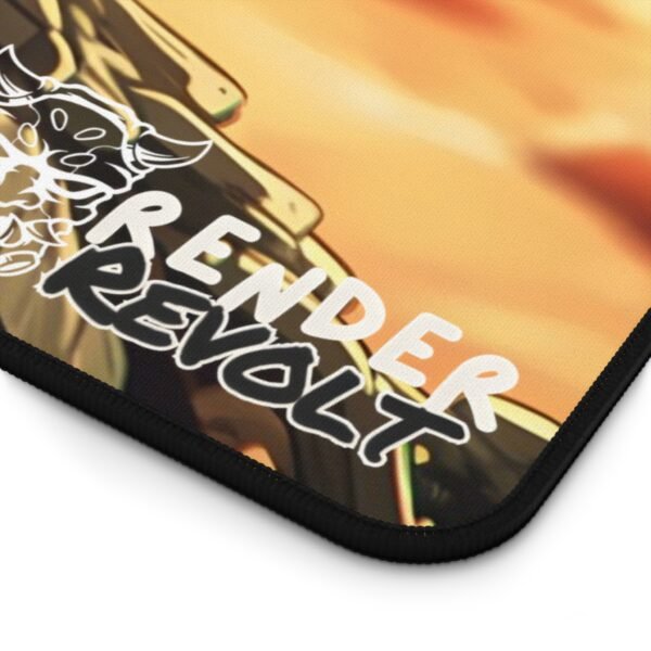 A close-up of an orange-toned gaming mouse pad, showcasing an anime character with intense green eyes and a determined expression. The textured fabric and stitched black edges are visible, along with the "Render Revolt" branding in the corner. The warrior-themed artwork has a warm, fiery atmosphere.