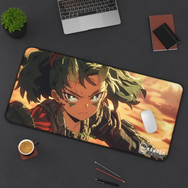 A large gaming mouse pad featuring a fierce anime-style warrior with green hair, intense green eyes, and tribal markings. They wear rugged, cracked armor with horn-like protrusions, blending into the warm, golden desert battlefield behind them.