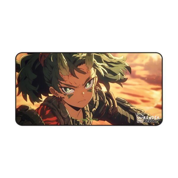 A battle-ready anime warrior with green hair and piercing eyes is featured on a gaming mouse pad, wielding a weapon against the backdrop of a desert battlefield. The golden light casts dramatic shadows, enhancing the rugged, action-packed aesthetic.
