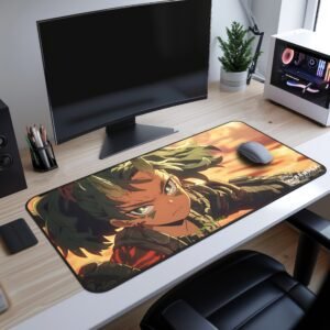 Aya Stone Armor Desk Mat - A gaming mouse pad featuring an anime-style illustration of a fierce, green-haired female warrior with glowing green eyes and tribal markings on her face