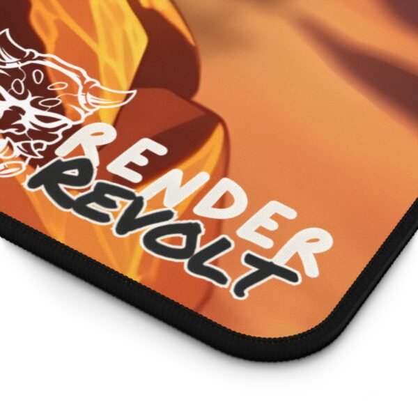 high-quality gaming mouse pad featuring a warrior with flowing green hair, sharp horns, and a battle-worn expression. The warm, desert-like background and glowing embers in the air give the artwork a fiery, intense feel.