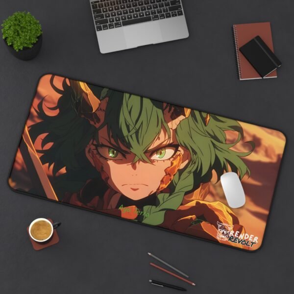 A fantasy-style gaming mouse pad displaying a fierce warrior with green hair and tribal markings, wearing rugged armor with golden cracks. Their determined expression is framed by a dramatic, sunlit battlefield.