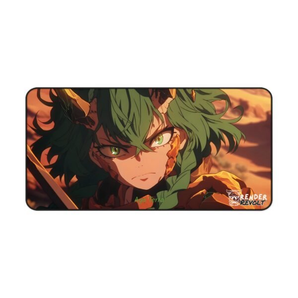 A close-up of a fiery-themed gaming mouse pad, showcasing an anime warrior with green hair, golden-horned armor, and a determined gaze.