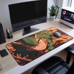 Aya Earth Form Desk Mat - an anime warrior’s shoulder armor. The textured fabric and high-quality stitching add to the premium feel of the pad. The artwork’s golden hues suggest a battle-worn, intense atmosphere.