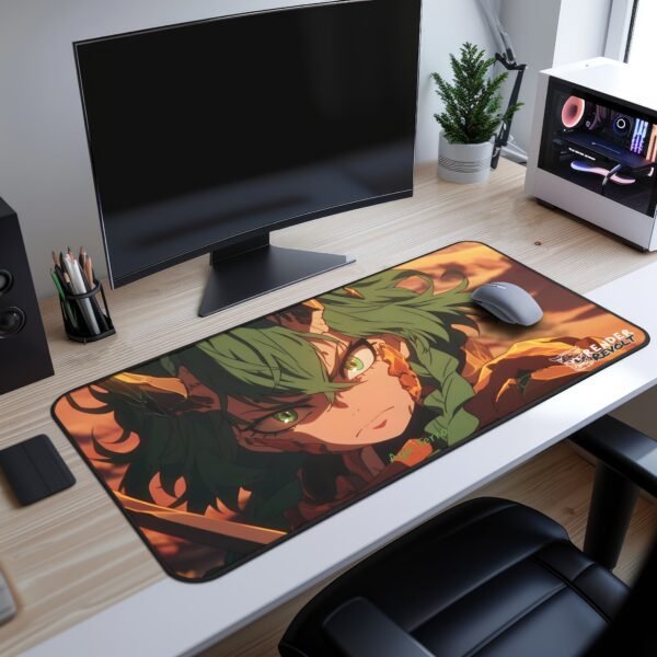 Aya Earth Form Desk Mat - an anime warrior’s shoulder armor. The textured fabric and high-quality stitching add to the premium feel of the pad. The artwork’s golden hues suggest a battle-worn, intense atmosphere.
