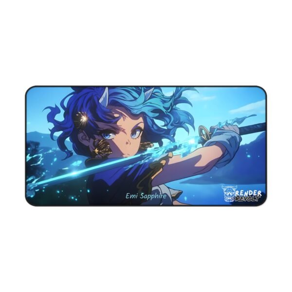 A full view of a gaming mouse pad featuring an anime-style character, Emi Sapphire. She wields a glowing blue sword, with energy crackling around her in a dynamic pose. The cool blue background enhances the fantasy atmosphere of the design.
