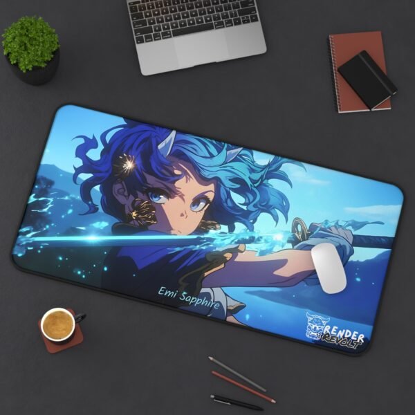A sleek desk setup displaying a blue-themed anime mouse pad with Emi Sapphire. She has a determined expression, gripping a glowing sword as energy surges around her. The cool-toned artwork creates a striking contrast with the white desk and accessories.