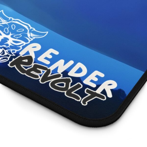 A detailed close-up of the "Render Revolt" logo printed on a deep blue gaming mouse pad. The black-and-white text contrasts with the rich blue background, which features a faint anime-style illustration.
