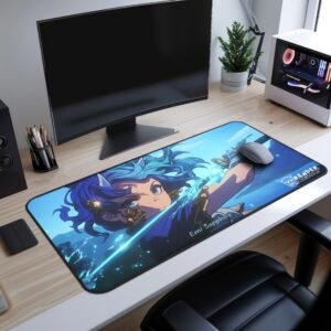 Emi Blue Katana Desk Mat - A full view of a gaming mouse pad featuring Emi Sapphire, an anime-style warrior with blue hair. She wields a glowing sword with crackling blue energy, while a black oni mask looms behind her. The background is a dramatic sunset sky, enhancing the fantasy aesthetic.