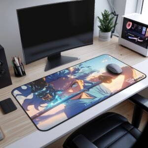 Emi Demon Mask Desk Mat - A stylish desk featuring a vibrant anime mouse pad of Emi Sapphire. The character, with piercing blue eyes and wind-swept hair, holds a sword glowing with blue flames.