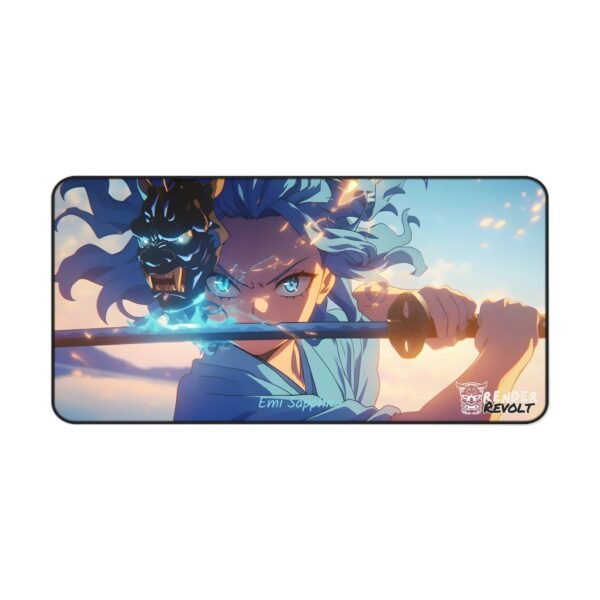 A desk setup featuring an anime-inspired mouse pad showcasing Emi Sapphire in a fierce stance. Her glowing sword emits blue sparks as her intense gaze is locked forward. The background is a stunning sunset scene with warm hues contrasting the cool blue tones of her energy.