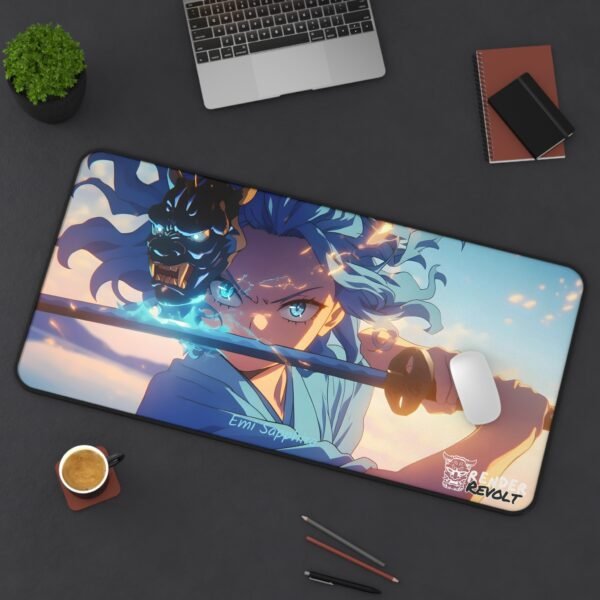 Showcasing it size with Emi Demon Mask Desk Mat on a table top with a mouse on it.