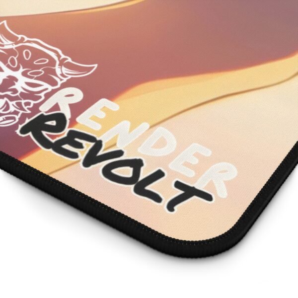 A close-up of the "Render Revolt" logo printed on a gaming mouse pad. The logo is placed over a warm, gradient background of orange and yellow tones, with part of an anime illustration visible in the corner.