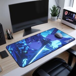 Emi Sapphire Mask Desk Mat - A modern desk setup featuring a large anime-themed mouse pad with a character named Emi Sapphire. The character has blue hair and wields a glowing sword, with an ominous oni mask in the background.