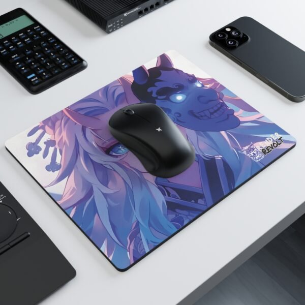 nime mouse pad featuring a white-haired character with horns, a glowing blue oni mask, and intricate hair accessories, placed on a sleek white desk with a black wireless mouse.