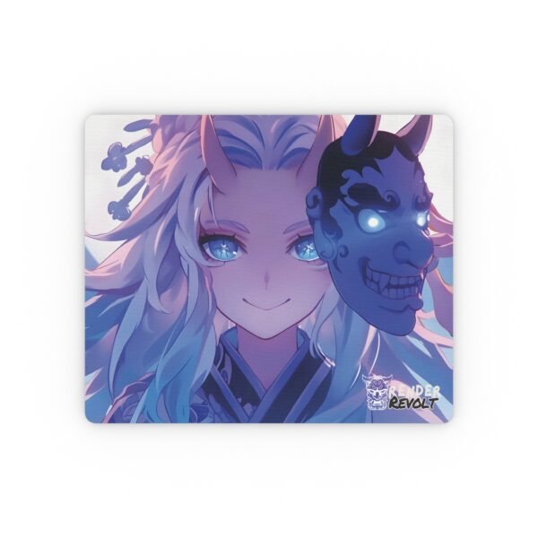 Anime mouse pad featuring a white-haired character with glowing blue eyes and horns, holding a grinning oni mask with illuminated details against a soft pastel background.