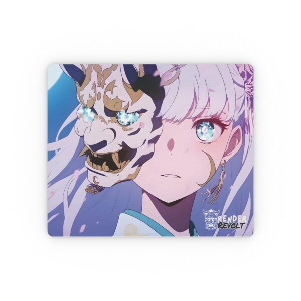 Anime mouse pad featuring a white-haired character with glowing blue eyes, holding a detailed horned mask with intricate gold accents, set against a soft pastel background.