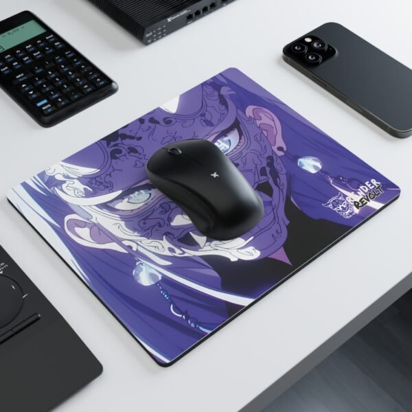 Anime mouse pad with a close-up of a fierce character with a detailed mask and glowing eyes, set against a dark-themed background.