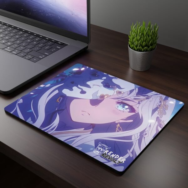 Aiko White Oni Mouse Pad featuring a white-haired character with glowing blue eyes, holding a delicate mask adorned with gold details, set on a dark wooden desk next to a laptop and plant.