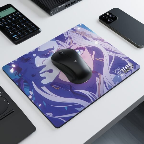 Anime mouse pad featuring a white-haired character with radiant blue eyes, adorned with golden accessories, holding a mysterious half-mask, placed on a sleek white desk with a black wireless mouse.