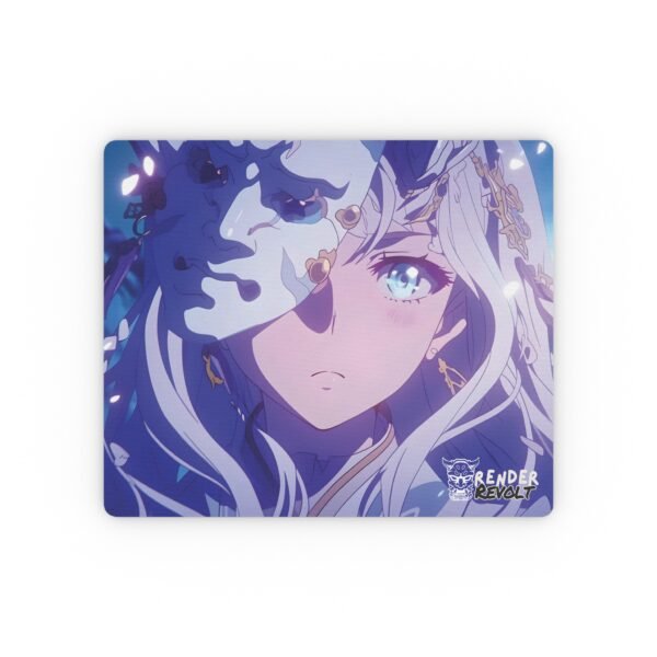 Anime mouse pad featuring a white-haired character with glowing blue eyes, holding an ornate half-mask with delicate gold accents, set against a dreamy blue background.