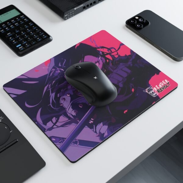 Image showcasing a mouse pad with anime artwork of a character holding a sword, with glowing background effects.