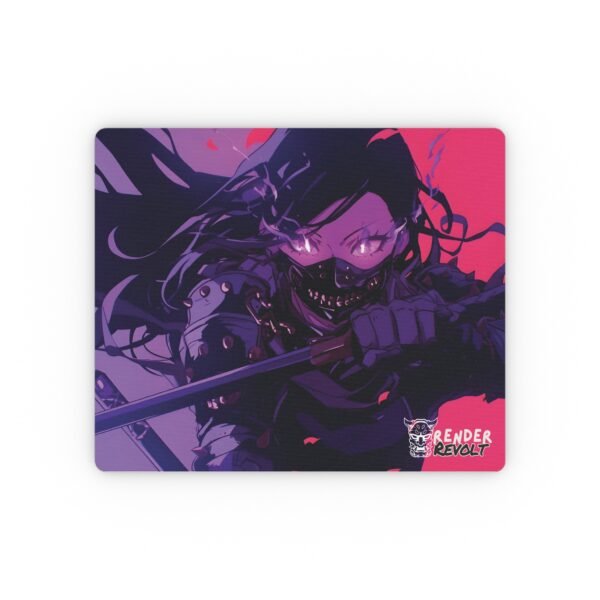 Detailed close-up of the same intense anime character holding a sword on a desk.