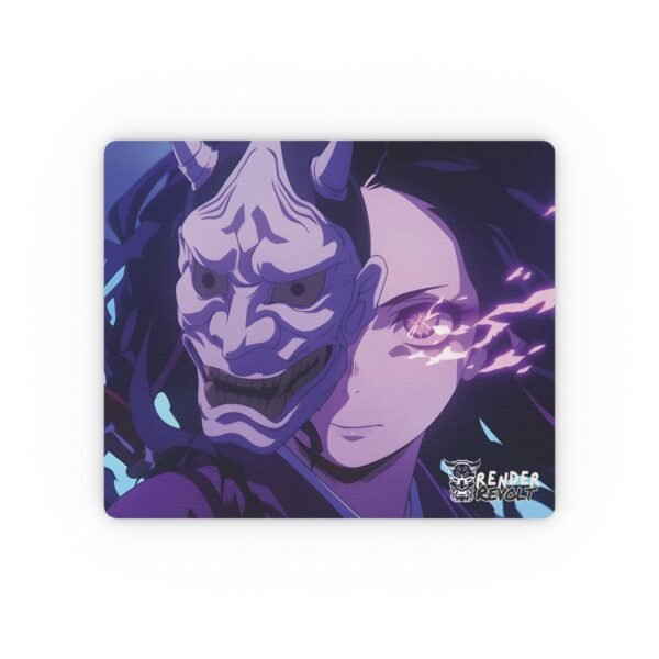 Anime mouse pad with a detailed mask and fierce character with glowing eyes, set on a workspace with a laptop, plant, and accessories.