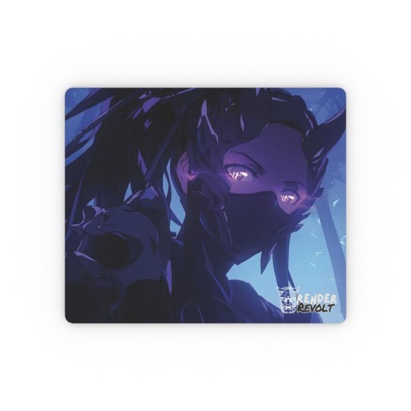 Anime mouse pad with a striking image of a character in tactical gear with glowing eyes and a determined expression, placed on a desk with a laptop.
