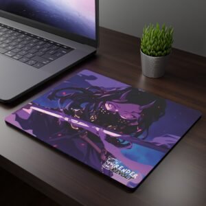 Akira Purple Gaze Mouse Pad - A mousepad with a close-up of a female character wearing a mask and holding a sword, with the "Render Revolt" logo