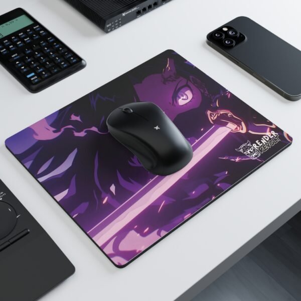 Dark aesthetic anime mouse pad featuring a face with a mask and sword, highlighted with glowing accents.