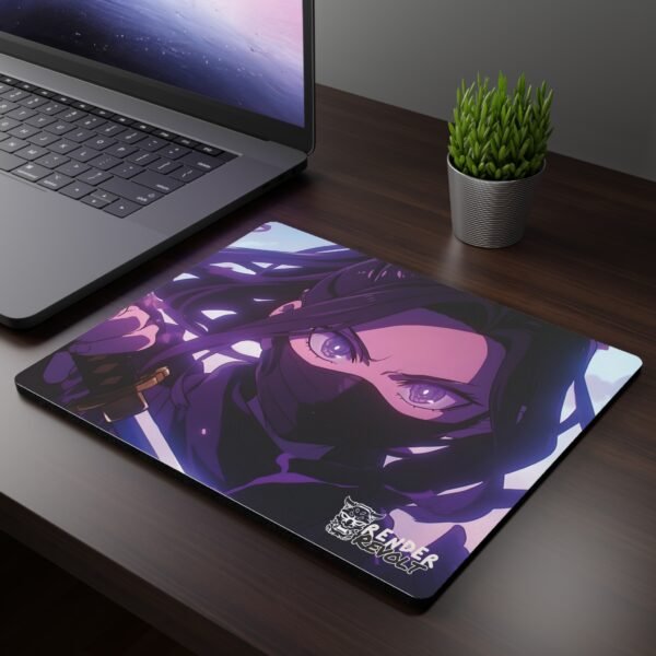 Akira Shadow Ninja Mouse Pad featuring a Close-up of an anime mouse pad with a character’s face, detailed mask, and glowing eyes.