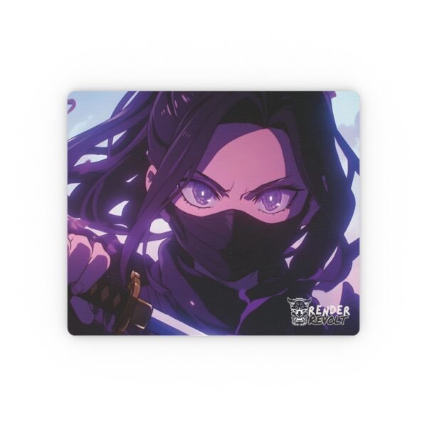 Anime mouse pad featuring a fierce character in a dark outfit with a glowing mask, displayed on a clean desk with a laptop and accessories.