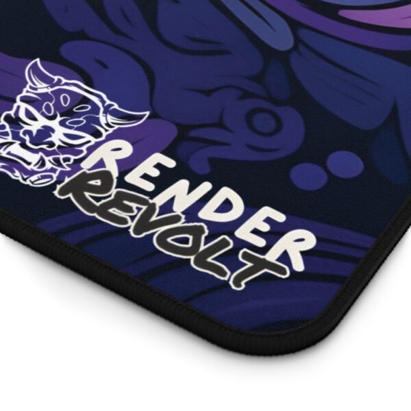 Close-up view of the Render Revolt logo on the dark purple and blue floral wave desk mat, highlighting fine details and smooth stitched edges.