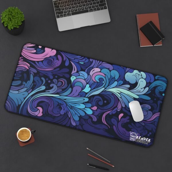Dark-themed desk mat featuring an intricate floral wave pattern in deep purples, blues, and pinks, blending organic shapes with a sunset glow in the background. Render Revolt logo in the corner.