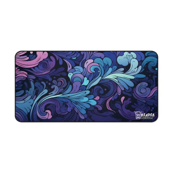 A modern desk setup featuring a deep blue and purple floral mouse pad with flowing abstract shapes. The dark background contrasts with the lighter elements, creating a dramatic and artistic aesthetic.
