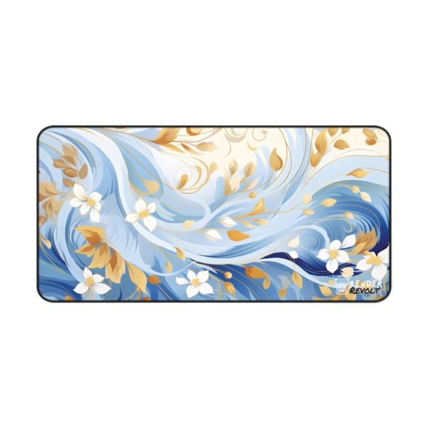 A macro shot of the edge of a desk mat, highlighting the high-quality stitched border and the detailed floral print. The close-up captures the depth of color and the fine details of the flowers, with a focus on the texture of the mat’s surface.